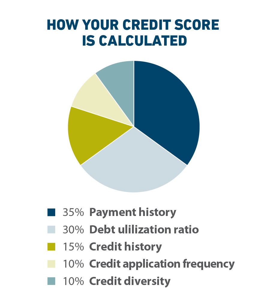 A pie chart showing what factors impact your credit score, including payment history (35%) debt utilization ratio (30%) credit history (15%) credit application frequency (10%)  credit diversity (10%)